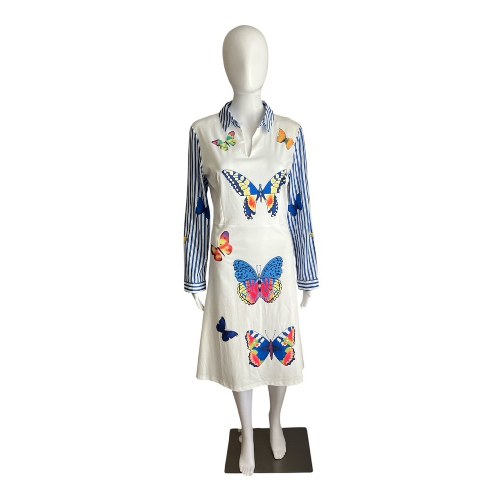 Butterfly Print Dress with Striped Sleeves
